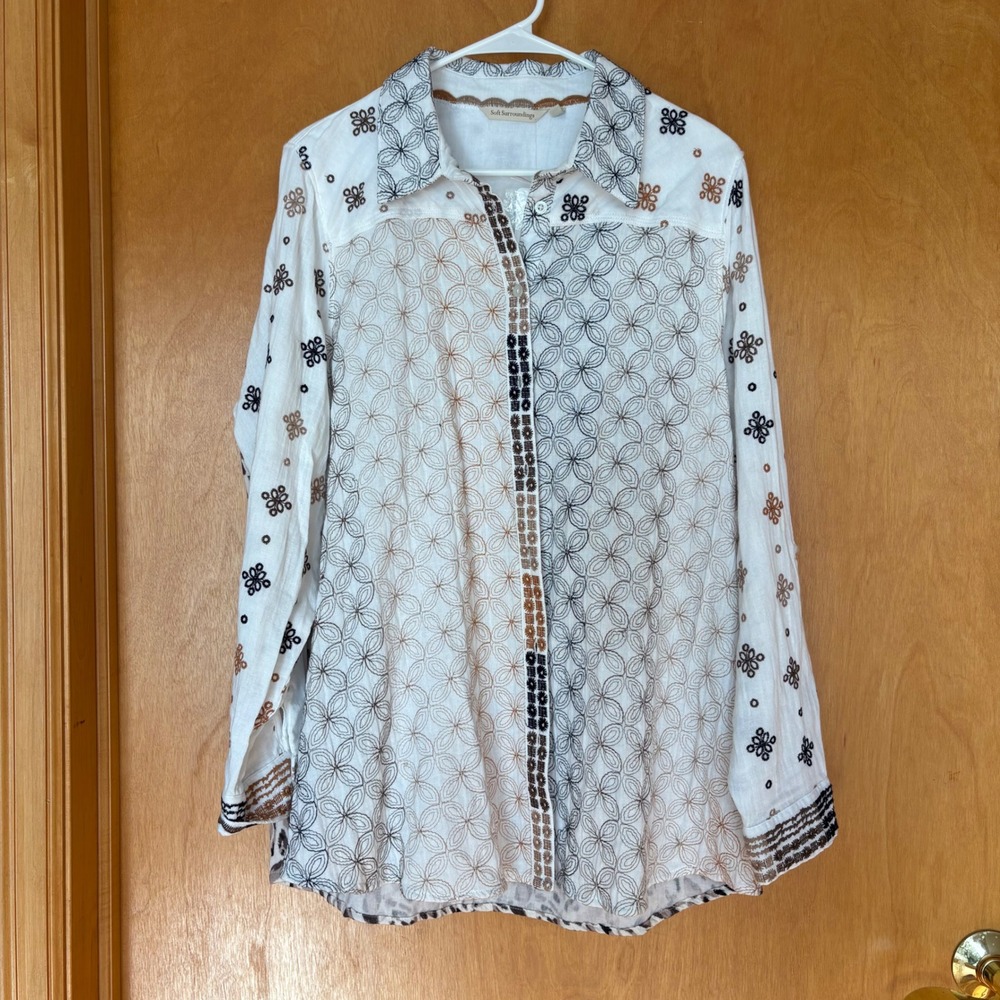Soft Surroundings Talia Tunic White XL Embroidered Floral Long Sleeve Button - Picture 1 of 11